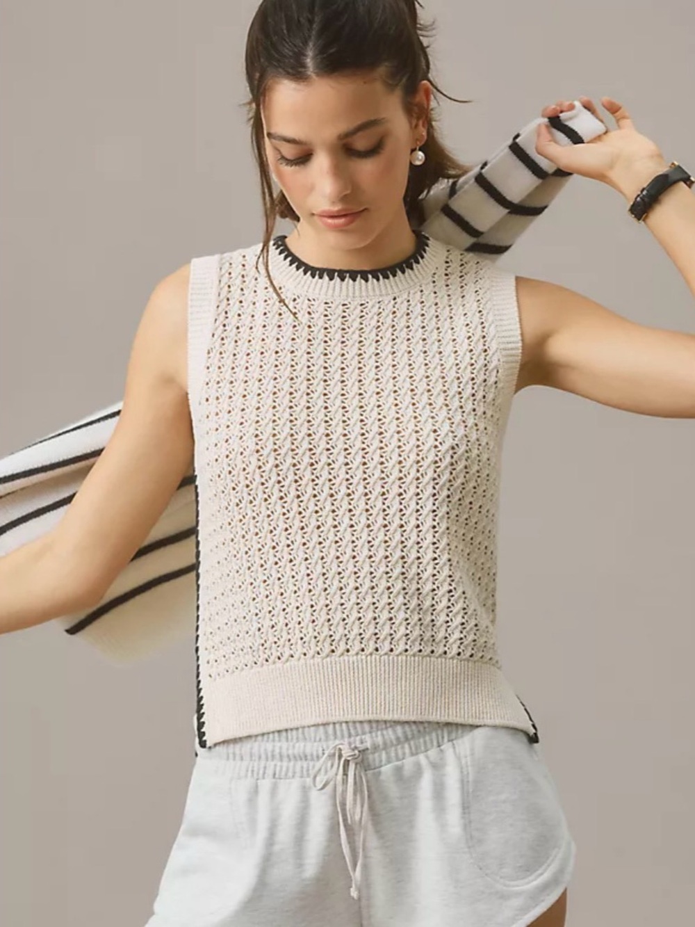 Sleeveless Cream Knit Eyelet Top with Contrast Trim